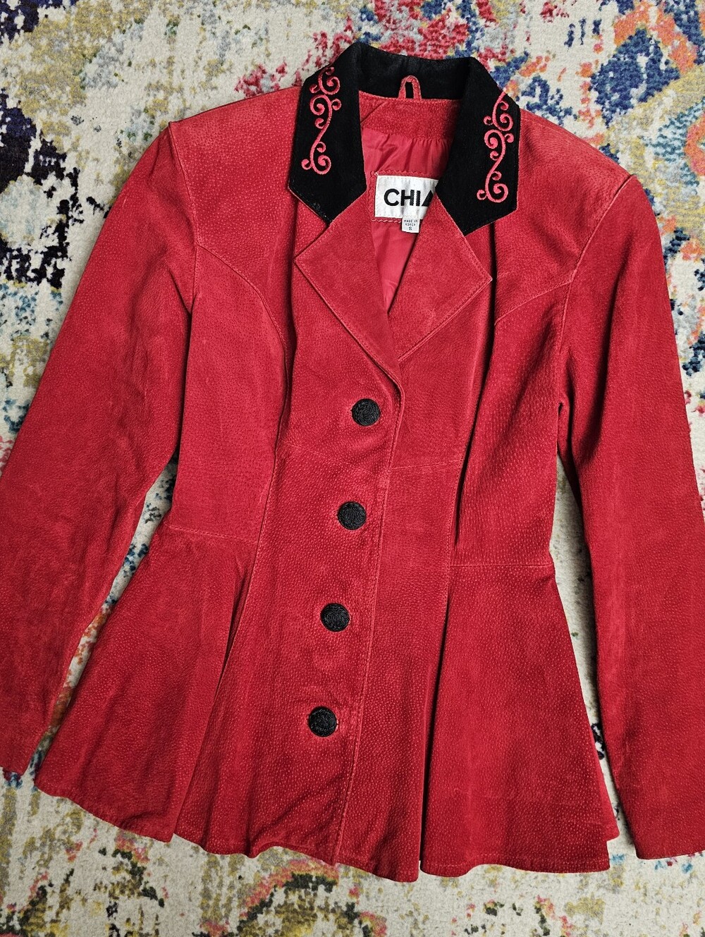 Vintage 1980s Chia Red Leather Pleated Blazer Button Jacket Womens Size Small
